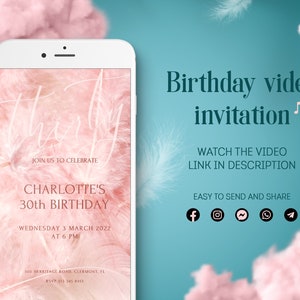 Cartão de convite de vídeo personalizado Boho de penas rosa de aniversário, convite digital animado, convite móvel de aniversário, estética de nascimento