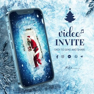 Gefrorenes Weihnachtsvideo zur Einladung. Schnee Exklusive Weihnachtseinladung, Party Video Flyer mit fliegenden Schneeflocken und Weihnachtsmann bringt Geschenke