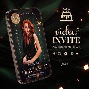 Emerald Green Birthday Video Invitation | Personalized Photo & Gold Confetti Design | Premium Luxury Party Invite | Glamorous Video Flyer
