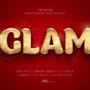 May include: Gold text effect with the word "GLAM" in a glittery, sparkling style. The text is on a red background. This is a Photoshop text effect.