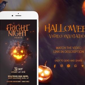 Fright Night Halloween Party Sparkling Video Invitation Card, Cute Scary Pumpkin Digital Animation Flyer, Atmospheric Sound included