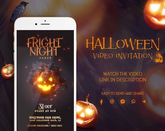 Fright Night Halloween Party Sparkling Video Invitation Card, Cute Scary Pumpkin Digital Animation Flyer, Atmospheric Sound included