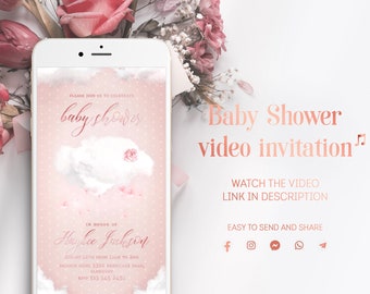 Inbjudan till video med öm babyshower med fluffigt moln och hjärtregn, rosa babyshower-videoflygblad, estetik för babyshower-meddelanden till flicka