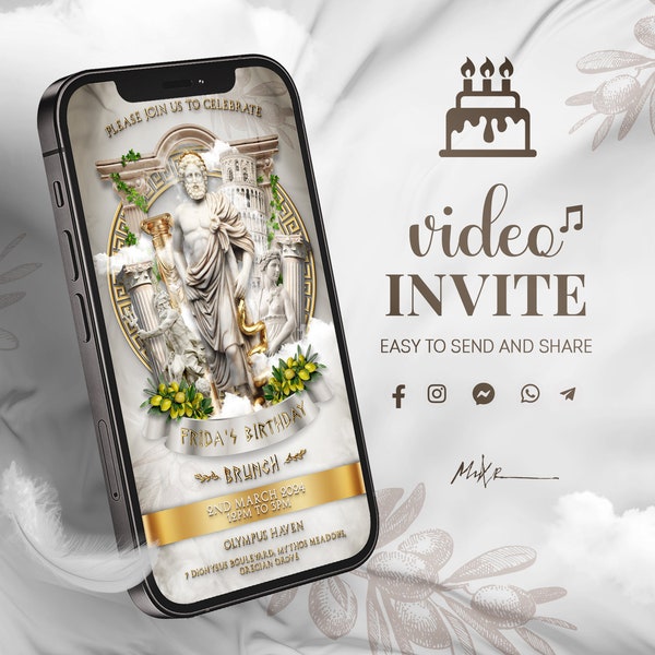 VIDEO INVITATION Celestial Odyssey: Timeless Greek/Roman Elegance in White and Gold - Olive Branches and Heavenly Cloud for Your BIRTHDAY