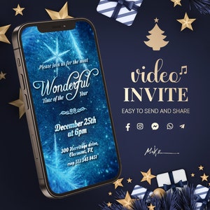 Video invito personalizzato con stelle di fiocchi di neve di Natale blu glitter. Invito natalizio personalizzato esclusivo Snow. Volantino video animato per feste