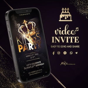 Step into a World of Luxury with Brilliant VIDEO INVITATION: Majesty of the Black Gold Royal Party with Crowns, Sparkles, and Smoke Effects!