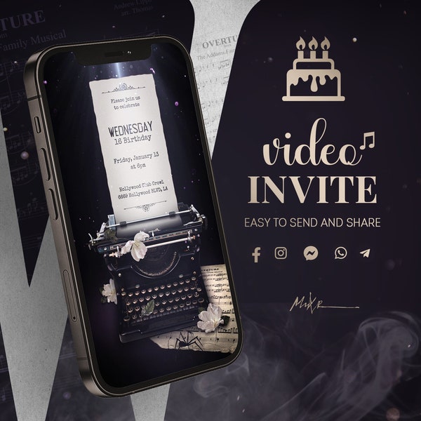 VIDEO INVITATION. WEDNESDAY Addams. Mobile Invitation. Birthday Party Flyer. Digital Personalized Dark & Spooky Themed Vip Electronic Invite