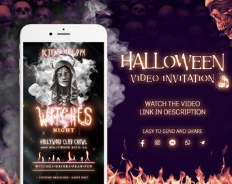 Witches Night Halloween Party Video Invitation, Horror Digital Animated Flyer with Smoke and Fire, Scary Sound & Visual Effects included