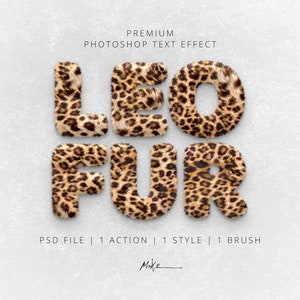 Leopard Fur Text Effect for Photoshop Ideal for Bold Fonts. Instant download. Easily Editable. Include: PSD + 1 Style + 1 Brush + 1 Action