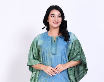 Green Sky Blue Tie & Dye Wavy Kaftan Dress Soft Cotton Silk Kaftan Dress Resort Wear Long Caftan Kaftan For Gift