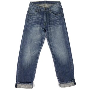 May include: A pair of blue denim jeans with a cuffed hem. The jeans have a classic straight leg fit and a faded wash.