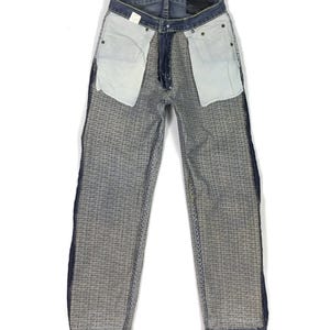 May include: A pair of blue denim jeans with a textured pattern. The jeans have a straight leg and a classic five-pocket design.