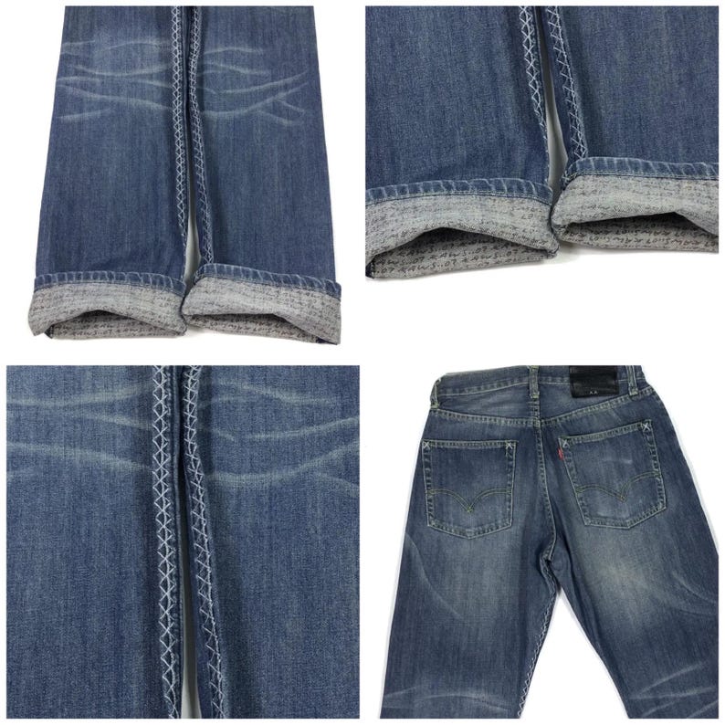 May include: A pair of blue denim jeans with a faded wash and contrasting stitching. The jeans have a relaxed fit and are shown in multiple views, including the front, back, and close-up of the stitching.