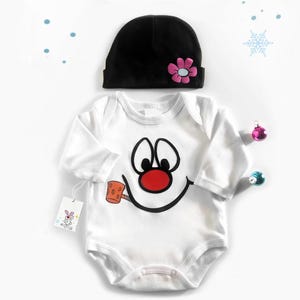 Retro Frosty Snowman Baby Outfit, Christmas Bodysuit and Hat