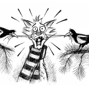 Original Ink Drawing of a Funny Yowling Christmas Cat Having Whiskers Pulled by 2 Magpies by Rob Husberg, B&W Humorous Cat Character Art