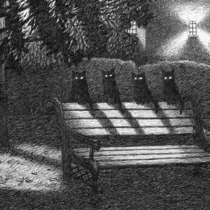 Fine Art Print of 4 Mysterious Black Cats Sitting on a Park Bench at Night by Lamp Post by Rob Husberg, 11 x 8" Spooky Drawing, B&W Wall Art