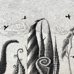 May include: Black and white pen and ink drawing of a fantastical landscape with tall, thin trees, swirling clouds, and birds in flight. The drawing is signed "Rob Hissert 8/2001".
