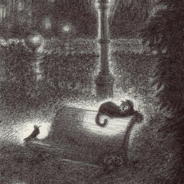 Fine Art Print of Cat and Bird Friends Sitting on a Bench in Victorian Park at Night by Rob Husberg, 6 x 9" Whimsical Drawing, B&W Wall Art