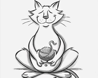 Original Ink & Watercolor Wash Drawing of a Very Calm Smiling Cat Meditating and Holding Ball of Yarn by Rob Husberg, Whimsical Cat Wall Art