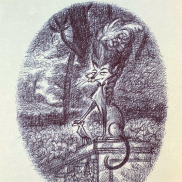 Original Ink Drawing, Whimsical Gainsborough Portrait Vignette of Snotty Aristocratic Upper Crust 18th-Century British Cat, by Rob Husberg