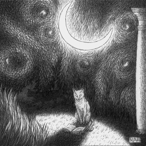Impression d'art du livre de lecture chat fantaisiste au clair de lune dans la forêt fantastique mystérieuse par Rob Husberg, dessin surréaliste noir et blanc de 7 x 7 po., art mural