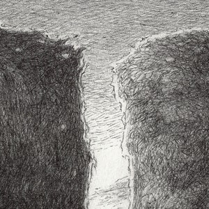 May include: A black and white pencil drawing of a narrow, vertical canyon with a light gray sky above.