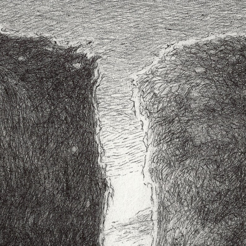 May include: A black and white pencil drawing of a narrow, vertical canyon with a light gray sky above.