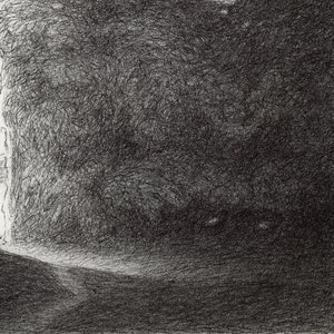 May include: A black and white pencil drawing of a dark, shadowy landscape with a light source in the upper left corner.