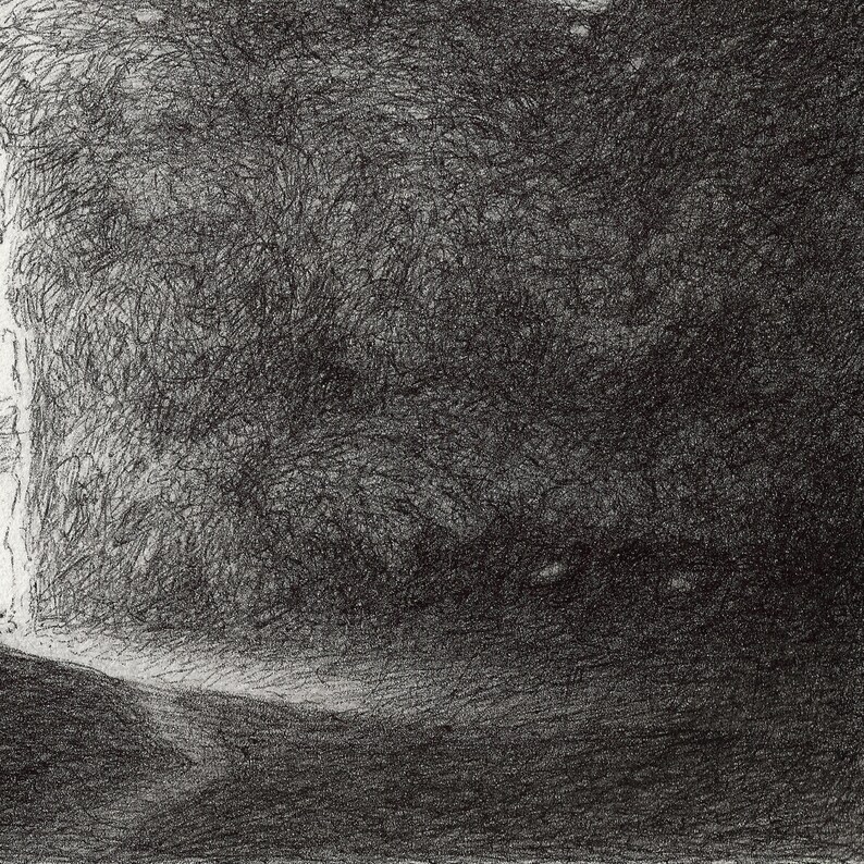 May include: A black and white pencil drawing of a dark, shadowy landscape with a light source in the upper left corner.