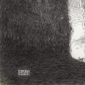 May include: A black and white pencil drawing of a dark cave with a light opening at the right edge. The word "TRAIL" is written in a box at the bottom of the image.