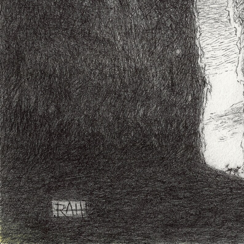 May include: A black and white pencil drawing of a dark cave with a light opening at the right edge. The word "TRAIL" is written in a box at the bottom of the image.