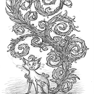 Dibujo de tinta original de un gato rococó caprichoso con una cola decorativa extravagante por Rob Husberg, arte de pared de fantasía humorística vintage