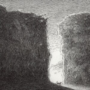 May include: A black and white pencil drawing of a narrow canyon with a bright white sky in the distance.