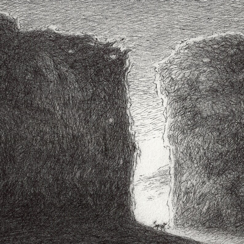May include: A black and white pencil drawing of a narrow canyon with a bright white sky in the distance.