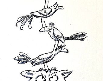 May include: A black and white line drawing of a cat with four birds perched on its head. The cat has a surprised expression and the birds have comical expressions.