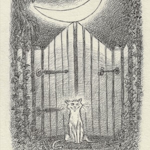Puede incluir: Un dibujo en blanco y negro a pluma y tinta de un gato sentado frente a una puerta cerrada. La luna es una forma de media luna en el cielo sobre la puerta. El dibujo está firmado "RAIH" en la esquina inferior derecha.