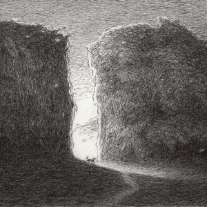 May include: A black and white pencil drawing of a narrow canyon with a bright light at the end. The light is so bright that it appears to be a sunrise or sunset. The drawing is signed "RAHH" in the lower left corner.