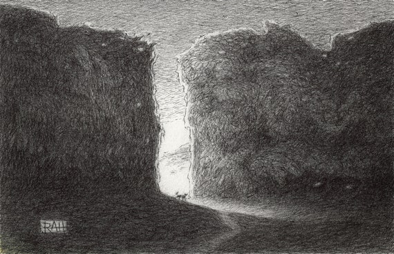 Fine Art Print of Solitary Cat Walking Past Towering Hedges into a Dark Valley by Rob Husberg, Ink Drawing, Mysterious Dream Imagery