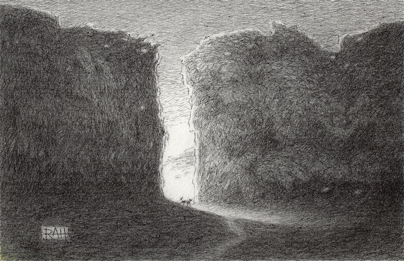 May include: A black and white pencil drawing of a narrow canyon with a bright light at the end. The light is so bright that it appears to be a sunrise or sunset. The drawing is signed "RAHH" in the lower left corner.