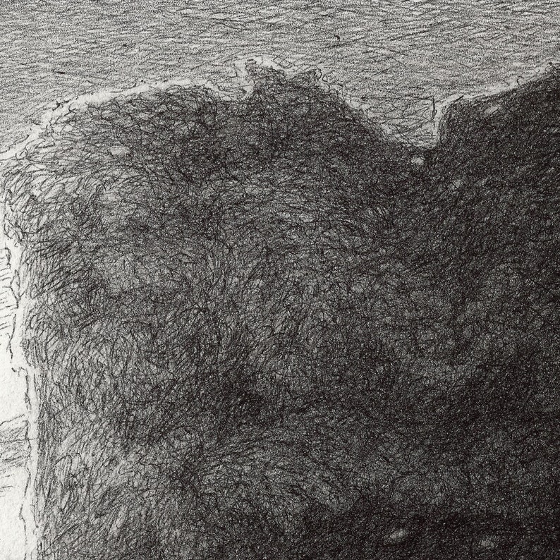 May include: A black and white pencil drawing of a landscape with a dark, textured sky and a lighter, textured foreground.