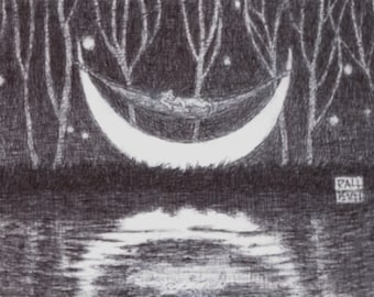 May include: A black and white pen and ink drawing of a crescent moon shaped hammock hanging between two trees in a forest. A figure is lying in the hammock. The moon is reflected in the water below.