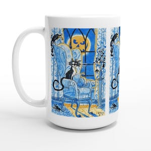 May include: White ceramic mug featuring a whimsical illustration of a black and white cat seated in a blue armchair. A crow perches above, and a jack-o'-lantern moon shines through a window. The mug has a curved handle.