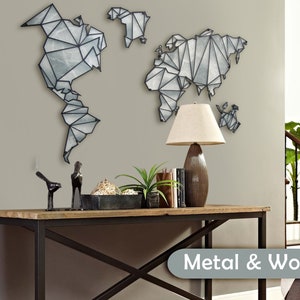 Metall Weltkarte mit bemalten Holz MDF grau Marmor Effekt - Metall Wand Kunst Dekor Wohnzimmer Büro Housewarming Boss Geschenk XXL Custom Craft