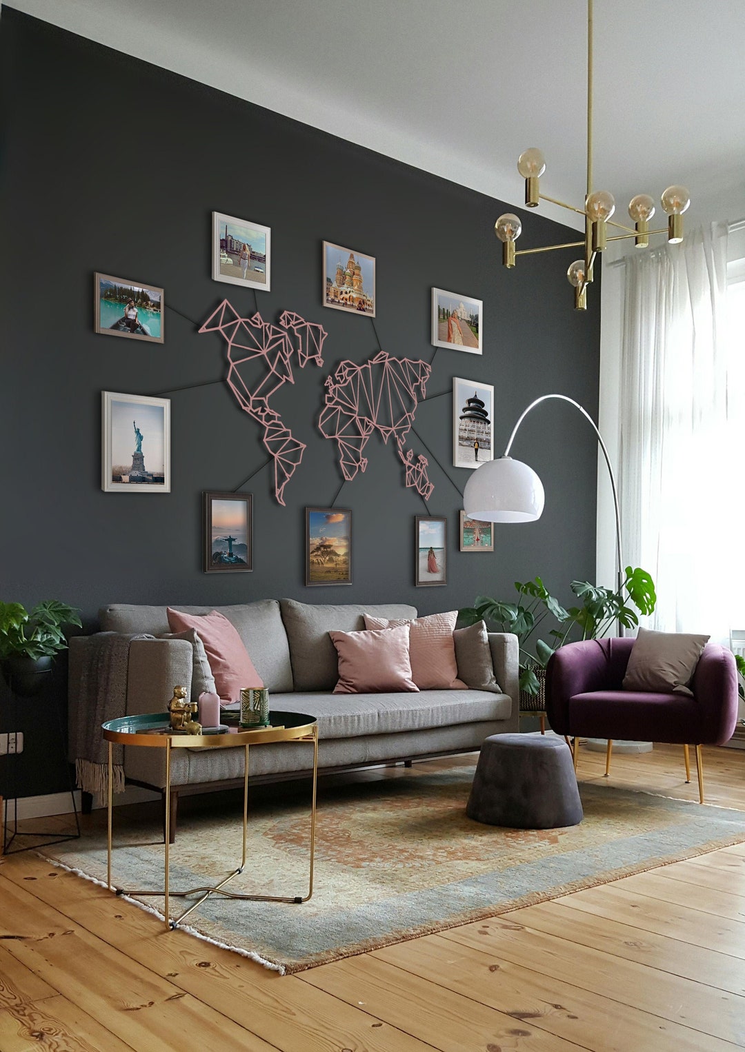 Metal World Map Rose Color Wall Art Decor Livingroom Office