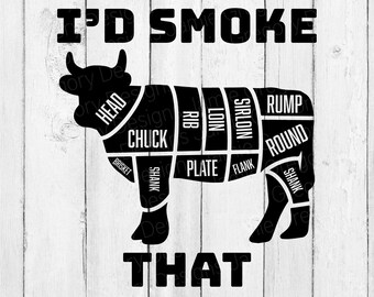 Può includere: Grafico in bianco e nero di una mucca con i diversi tagli di carne etichettati. Il testo "I'd Smoke That" è sopra la mucca.