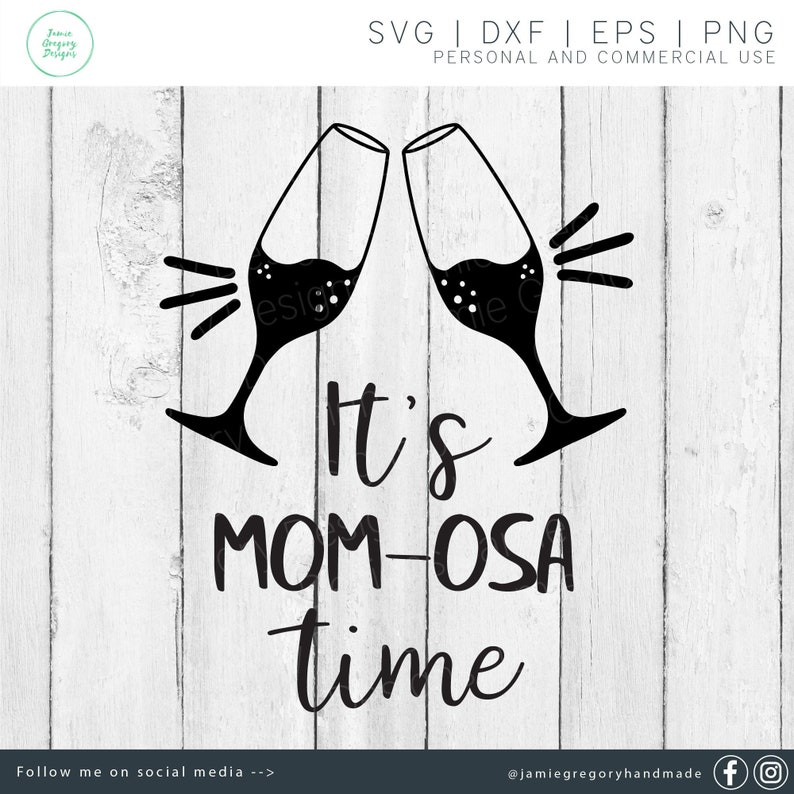 May include: Black and white graphic design of two champagne flutes clinking together with the text "It's MOM-OSA time".