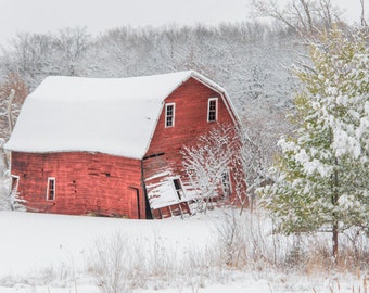 Red Barn in Winter Photo, Farmstead in Snow, Modern Farmhouse Home Decor, Canvas and Print Rural, Rural Country Setting, Rustic Art, Canvas