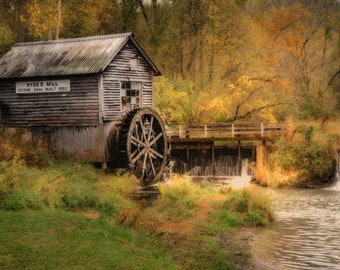 Mill in Autumn Photo, Colorful Fall Trees around Hyde's Mill with Water Wheel, Fall Leaves in Woods, Rustic Home Decor Artwork, Old Mill