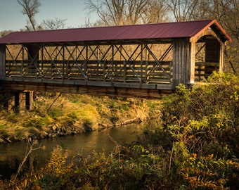 Sunlight Covered Bridge over River Photo, Farmhouse Decor Canvas Print, Rustic Country Art for Mother's Day or Birthday Gift, Landscape Art