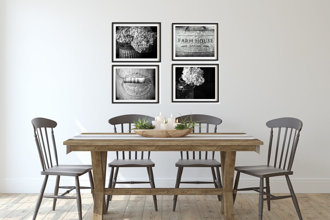 SALE Set of 4 Black and White Rustic Kitchen Wall Art, Farmhouse Home Decor Prints, Photos for